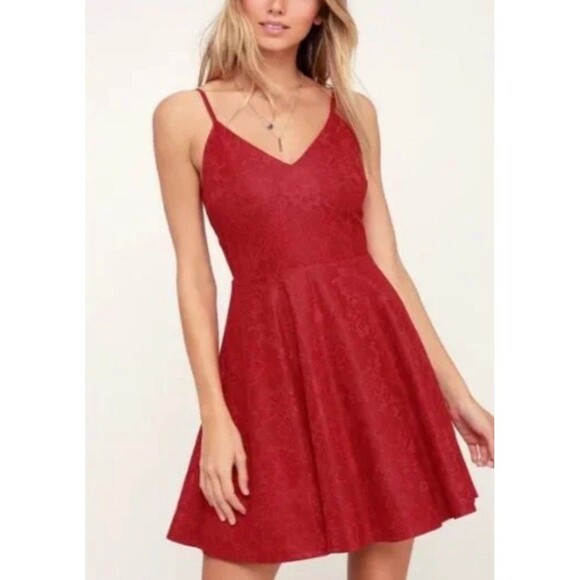 Lulus Way with Words Red V-Neck Women's Lace Sleeveless Skater Dress Small - Picture 1 of 12